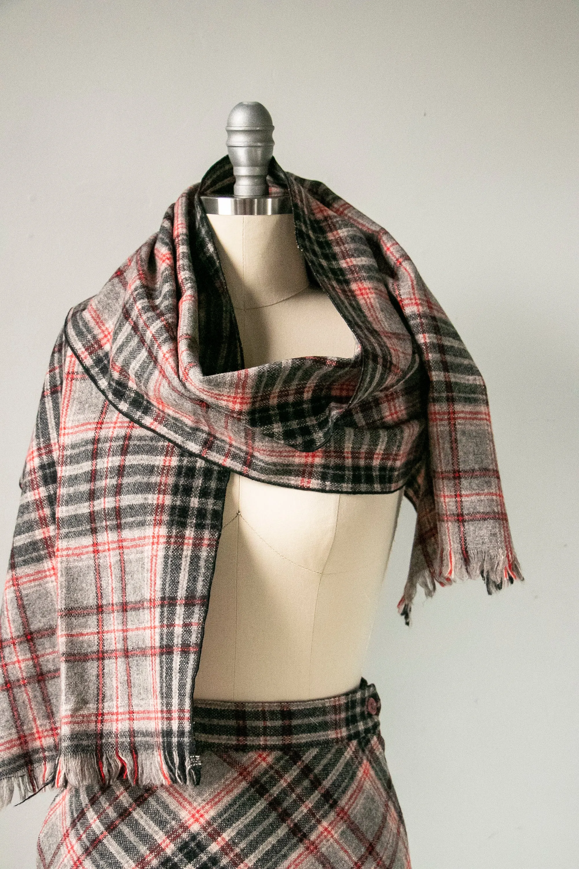 1960s Wool Skirt Scarf Set Plaid XS