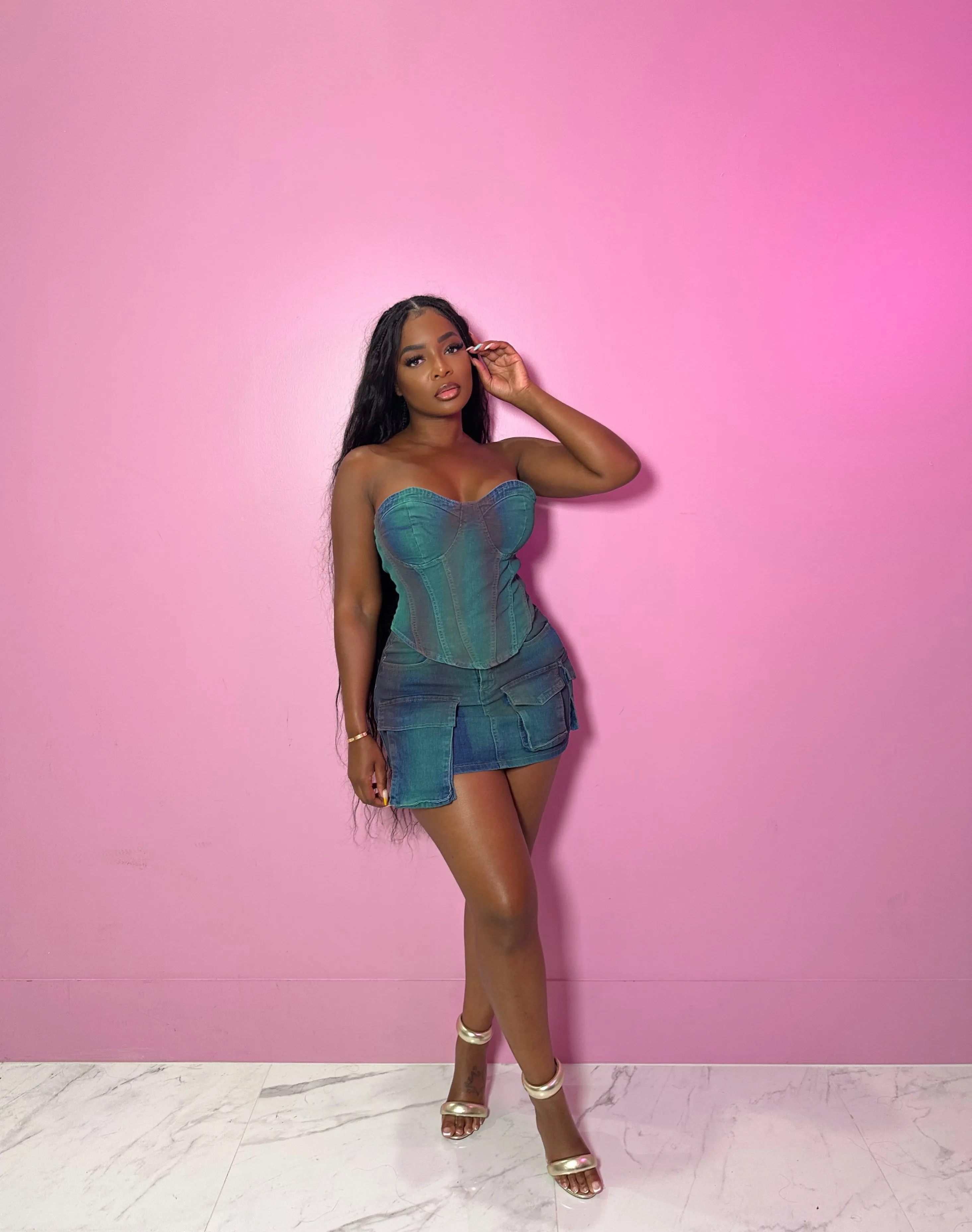 Blue Green Cargo Skirt Set