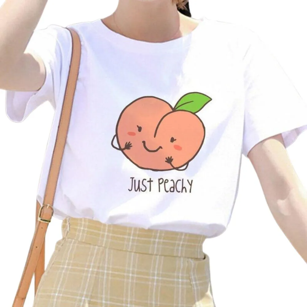 Cartoon Peach Juice Japanese Aesthetic T-Shirt: Summer tees for women