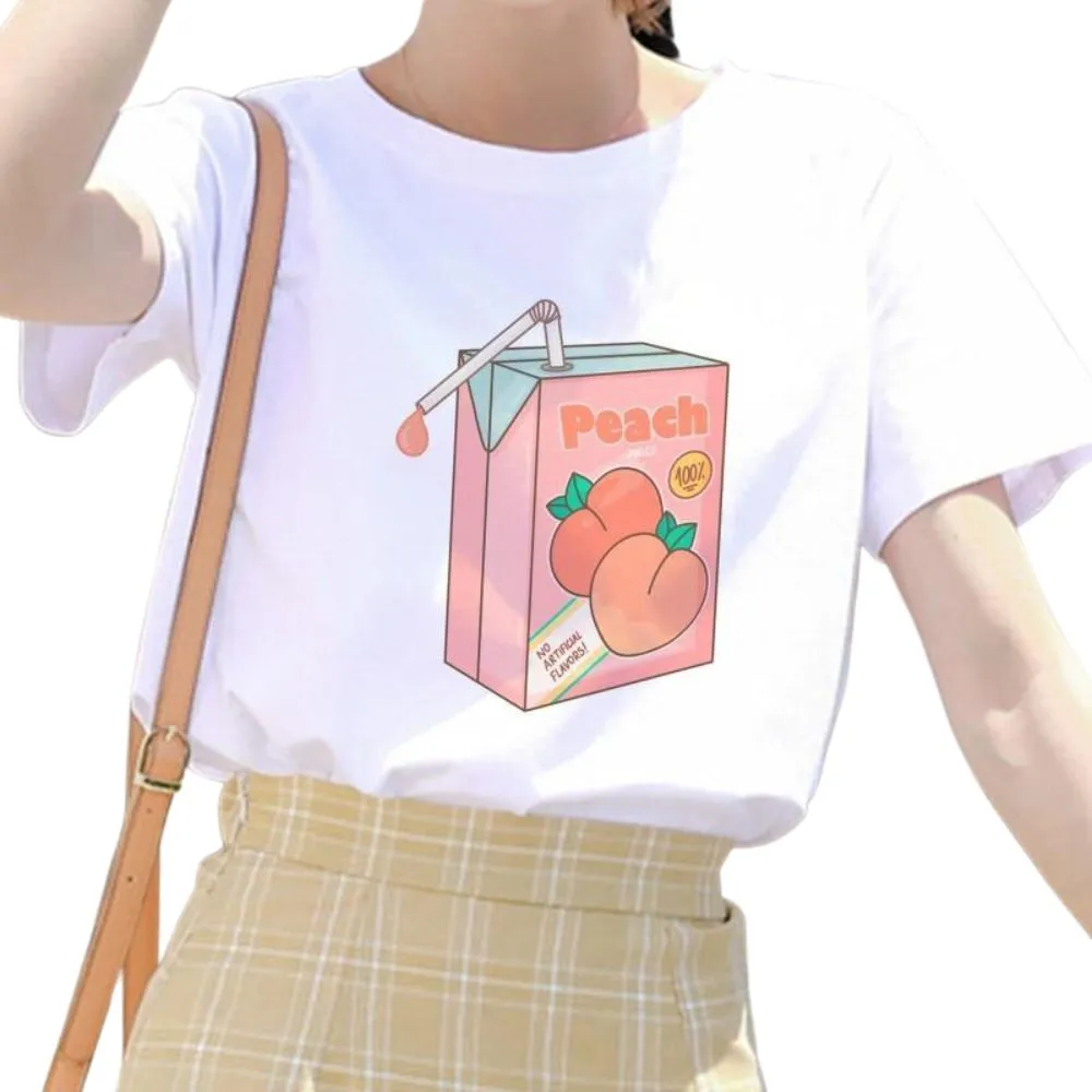 Cartoon Peach Juice Japanese Aesthetic T-Shirt: Summer tees for women