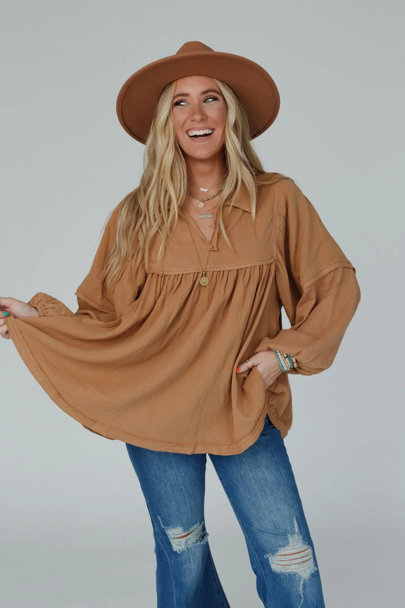 Cotton Clouds Babydoll Top - Camel
