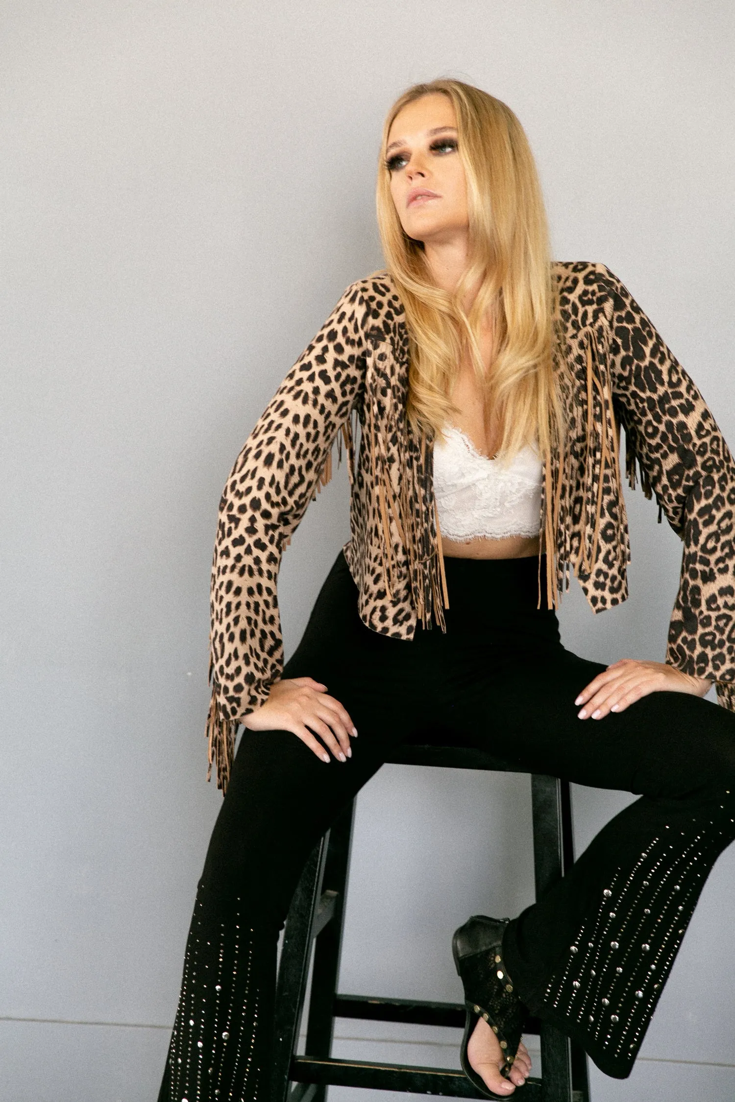 Faux Suede Cropped Fringe Jacket - Brown Leopard
