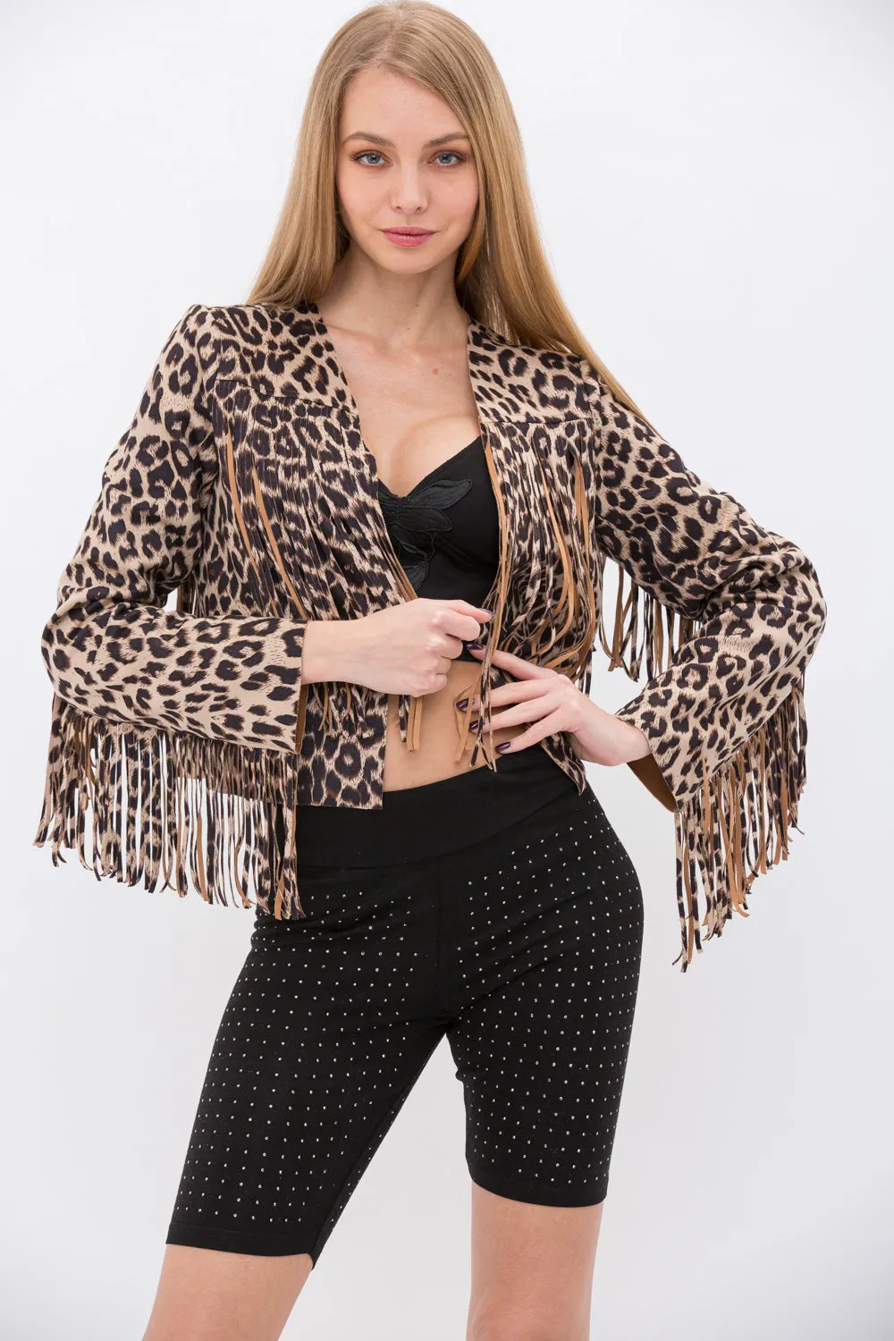 Faux Suede Cropped Fringe Jacket - Brown Leopard