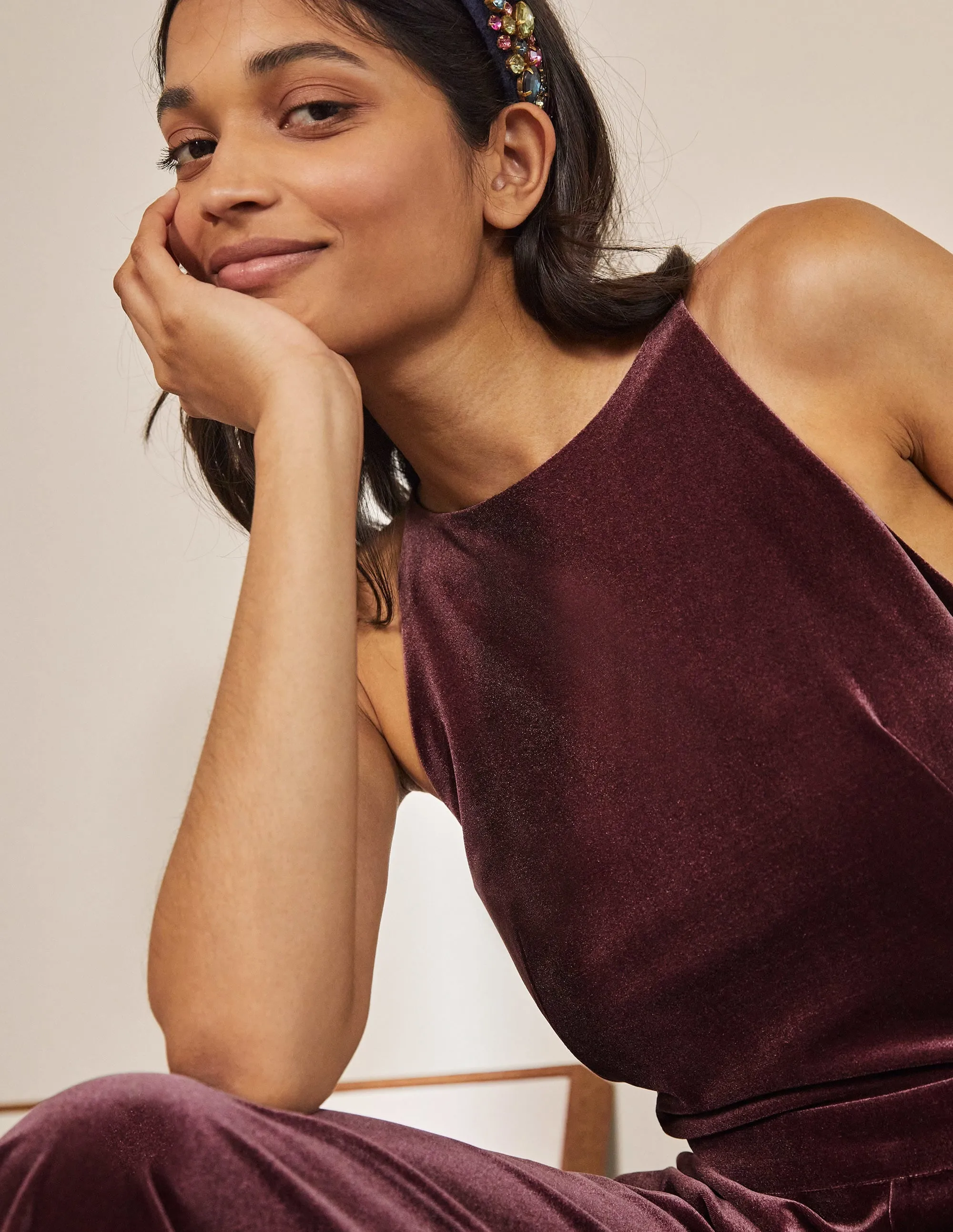 Halterneck Velvet Jumpsuit-Deep Wisteria