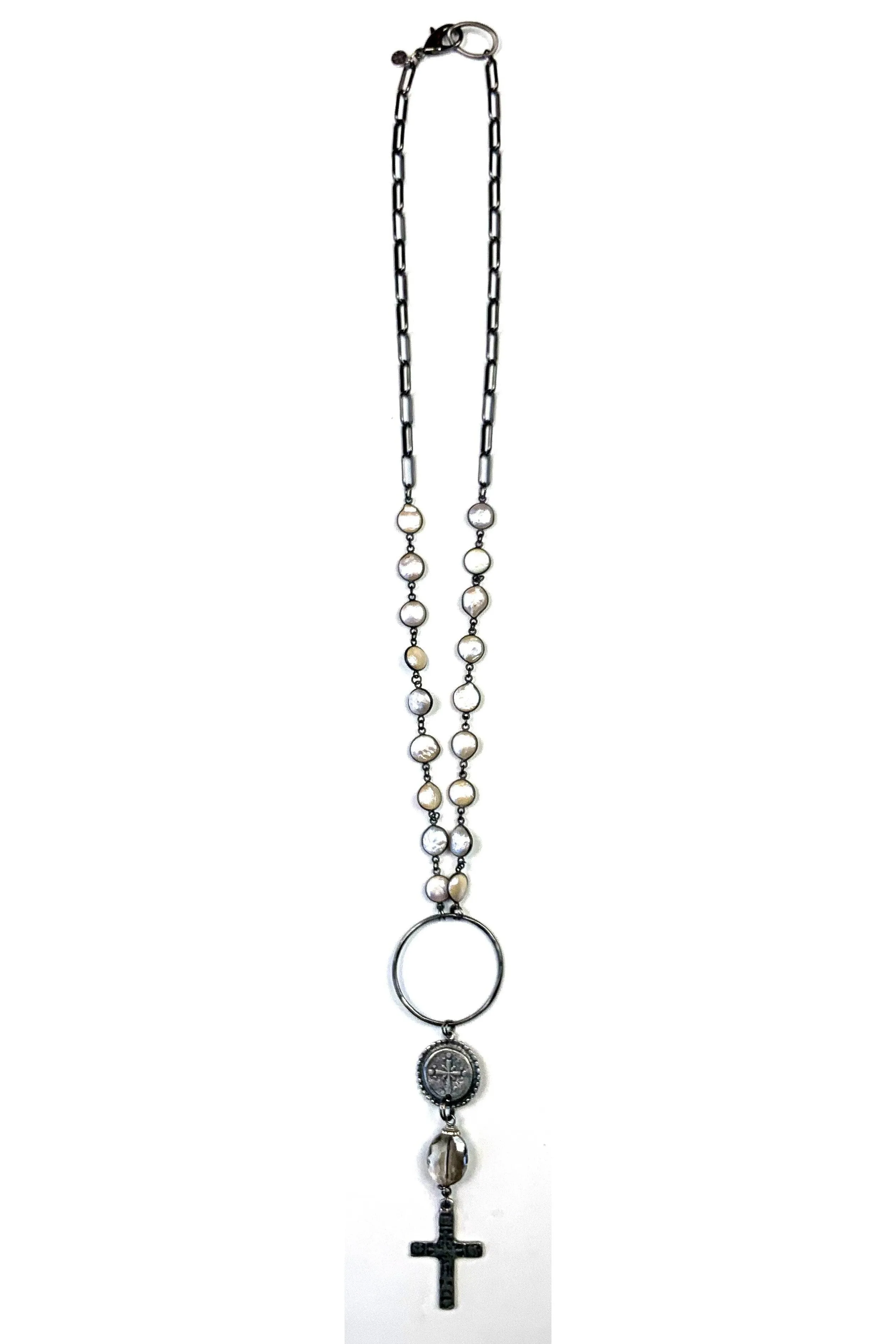 Lost And Found Pearl Necklace With Cross Coin And Glass Bead Pendant Necklace