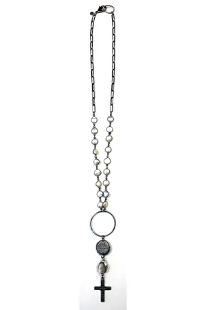 Lost And Found Pearl Necklace With Cross Coin And Glass Bead Pendant Necklace