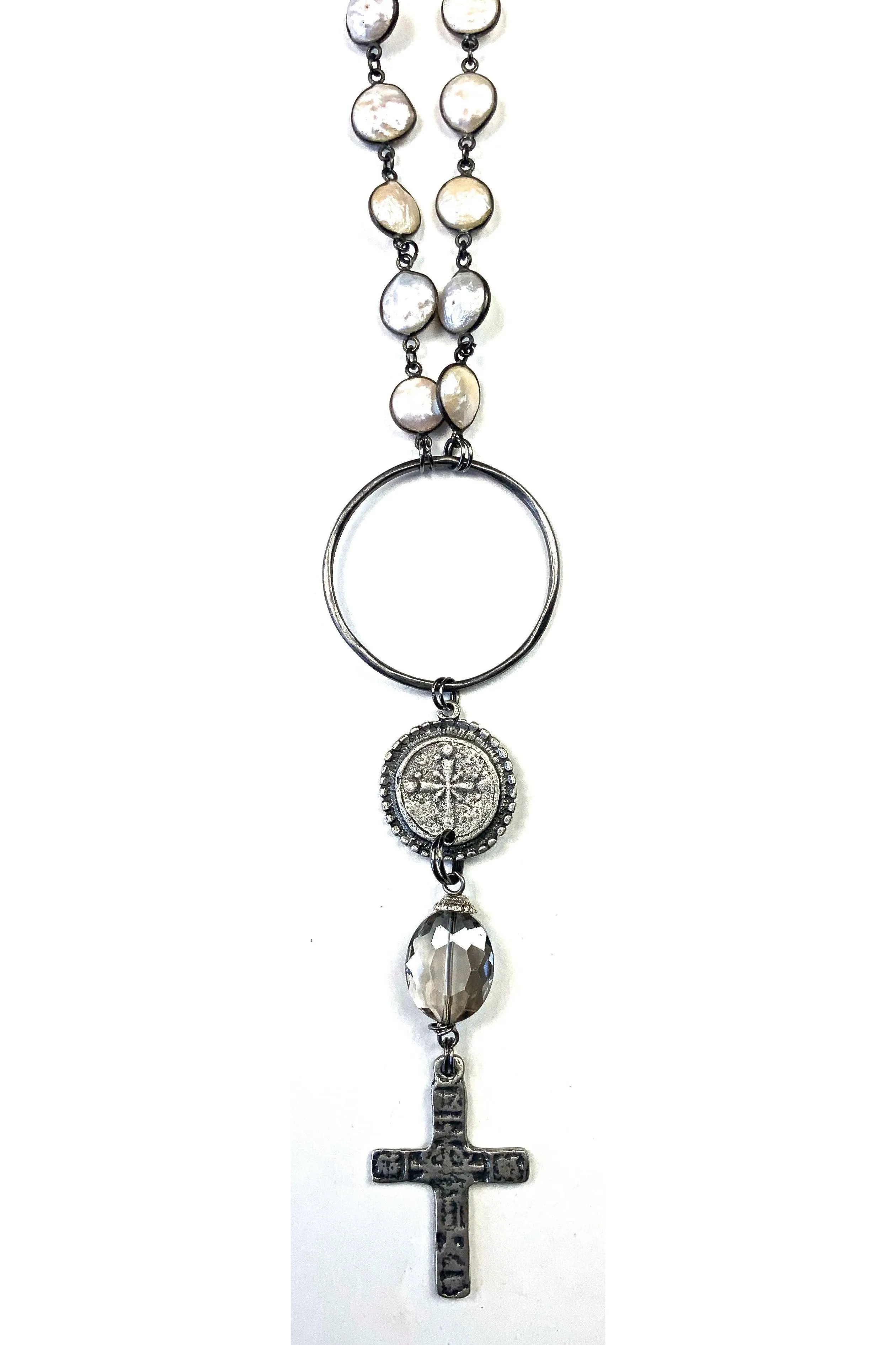 Lost And Found Pearl Necklace With Cross Coin And Glass Bead Pendant Necklace