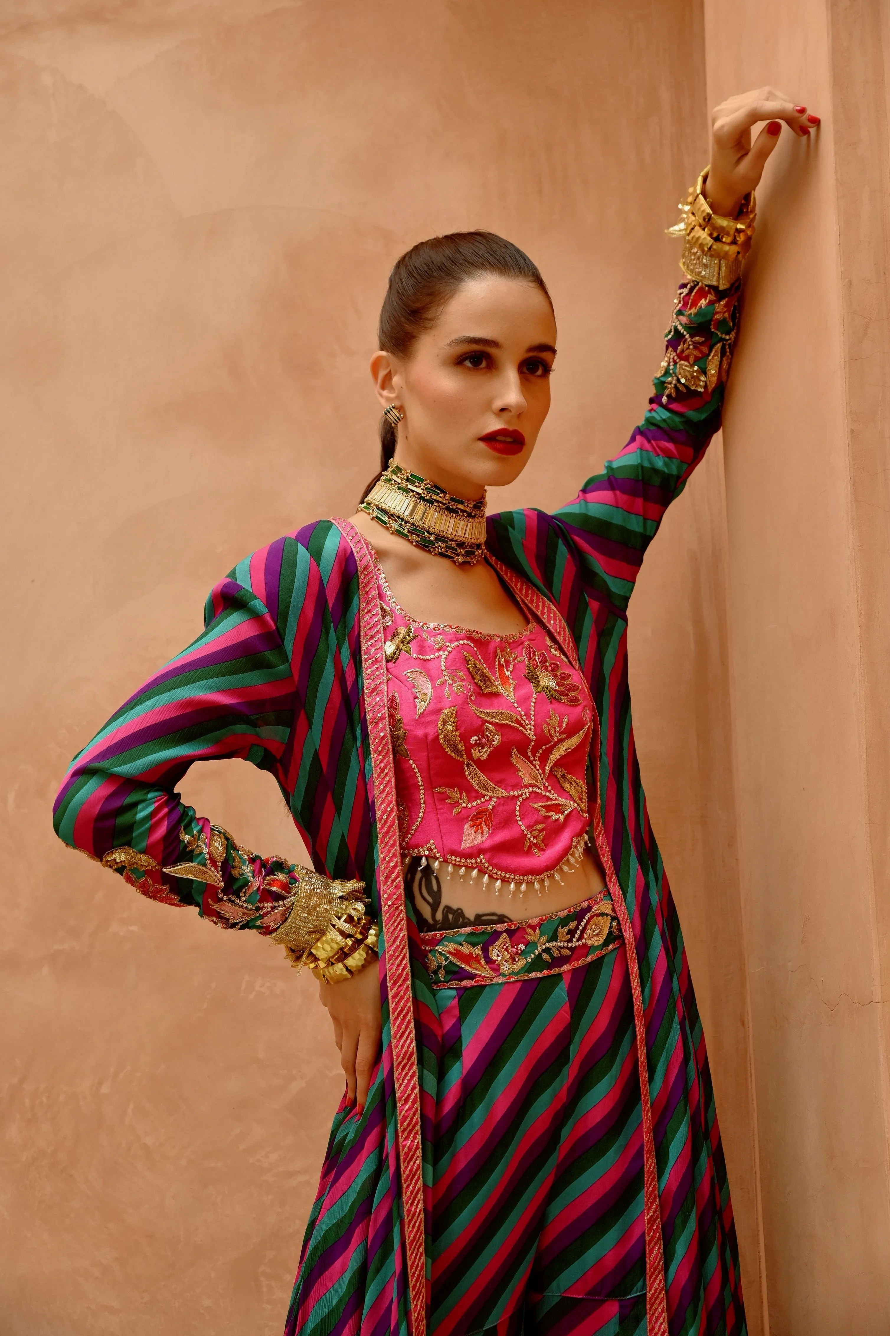 Multi colour Indi-leheriya kallidar jacket with sharara and scallop crop top