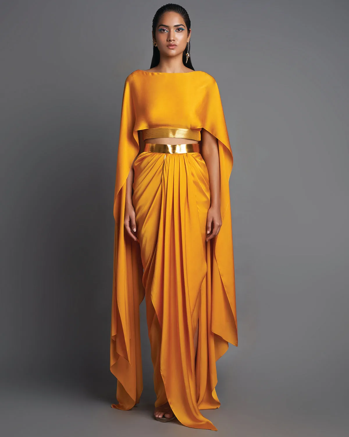 Mustard Metallic Top With Draped Skirt Set