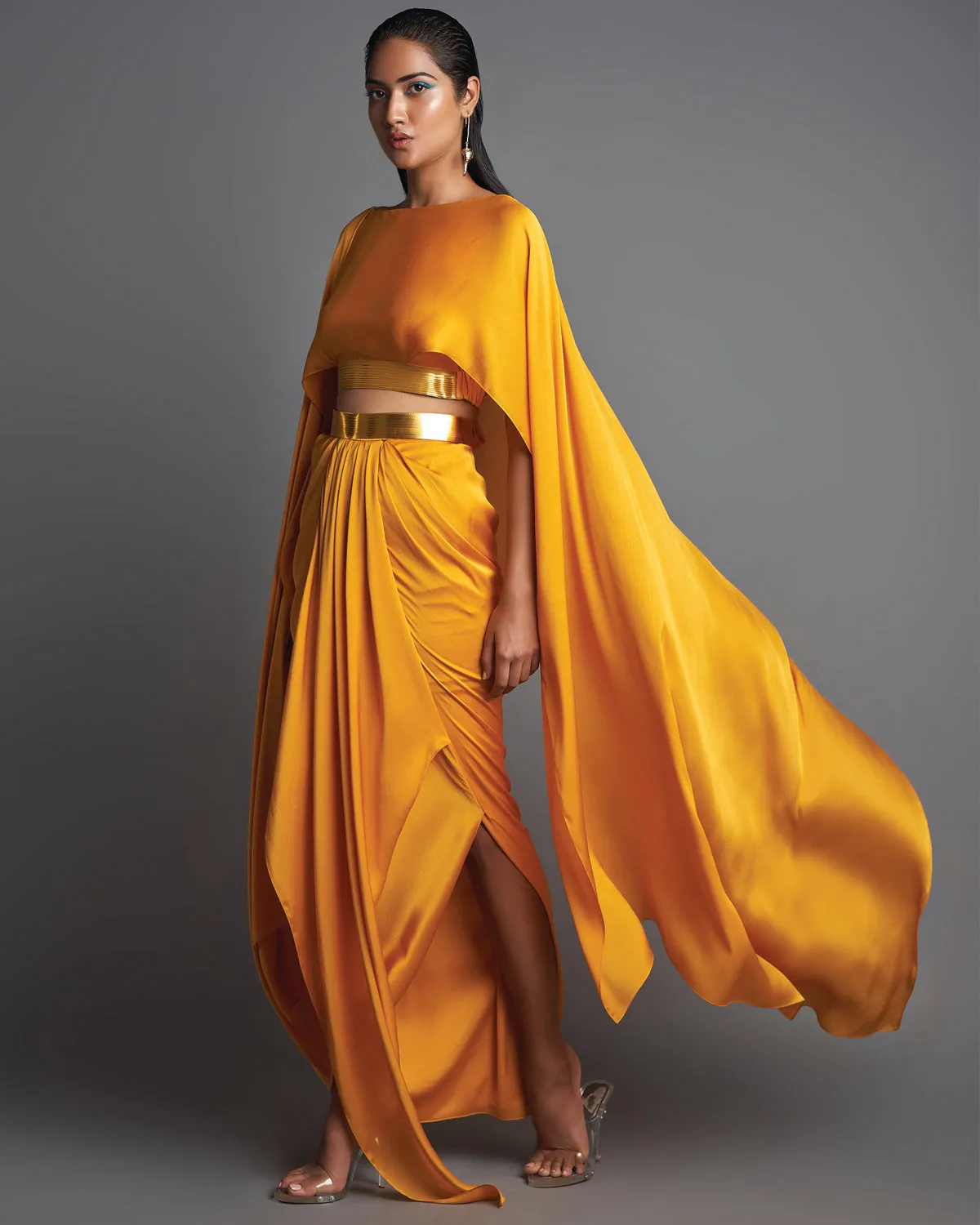 Mustard Metallic Top With Draped Skirt Set