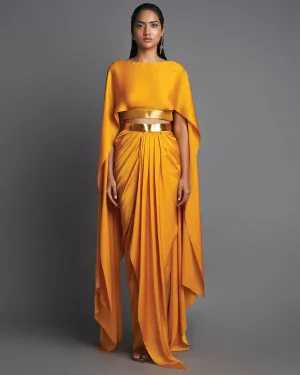 Mustard Metallic Top With Draped Skirt Set