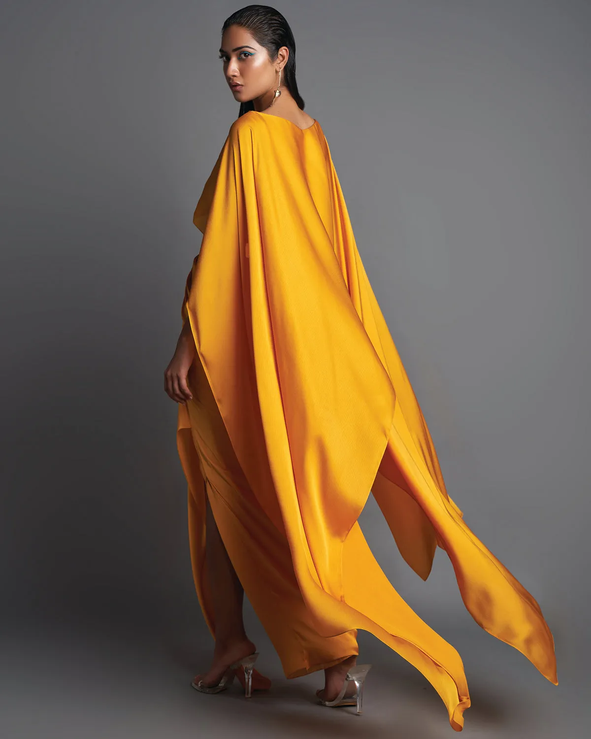 Mustard Metallic Top With Draped Skirt Set