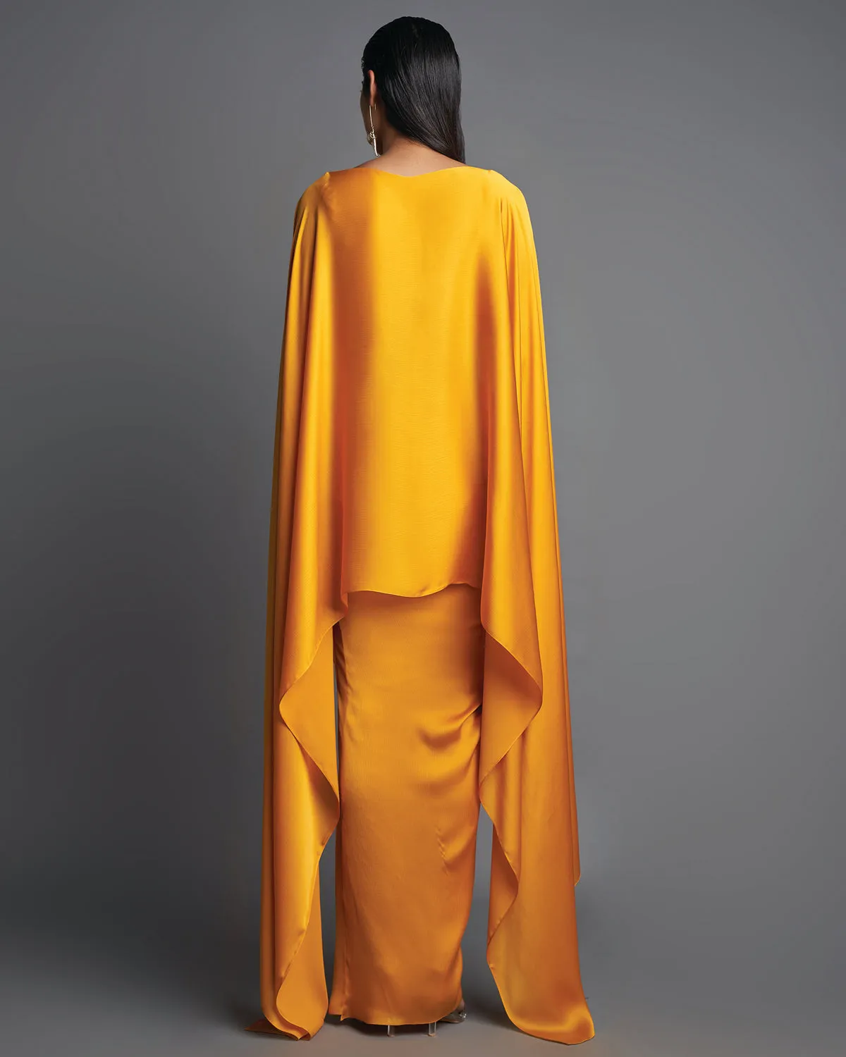 Mustard Metallic Top With Draped Skirt Set