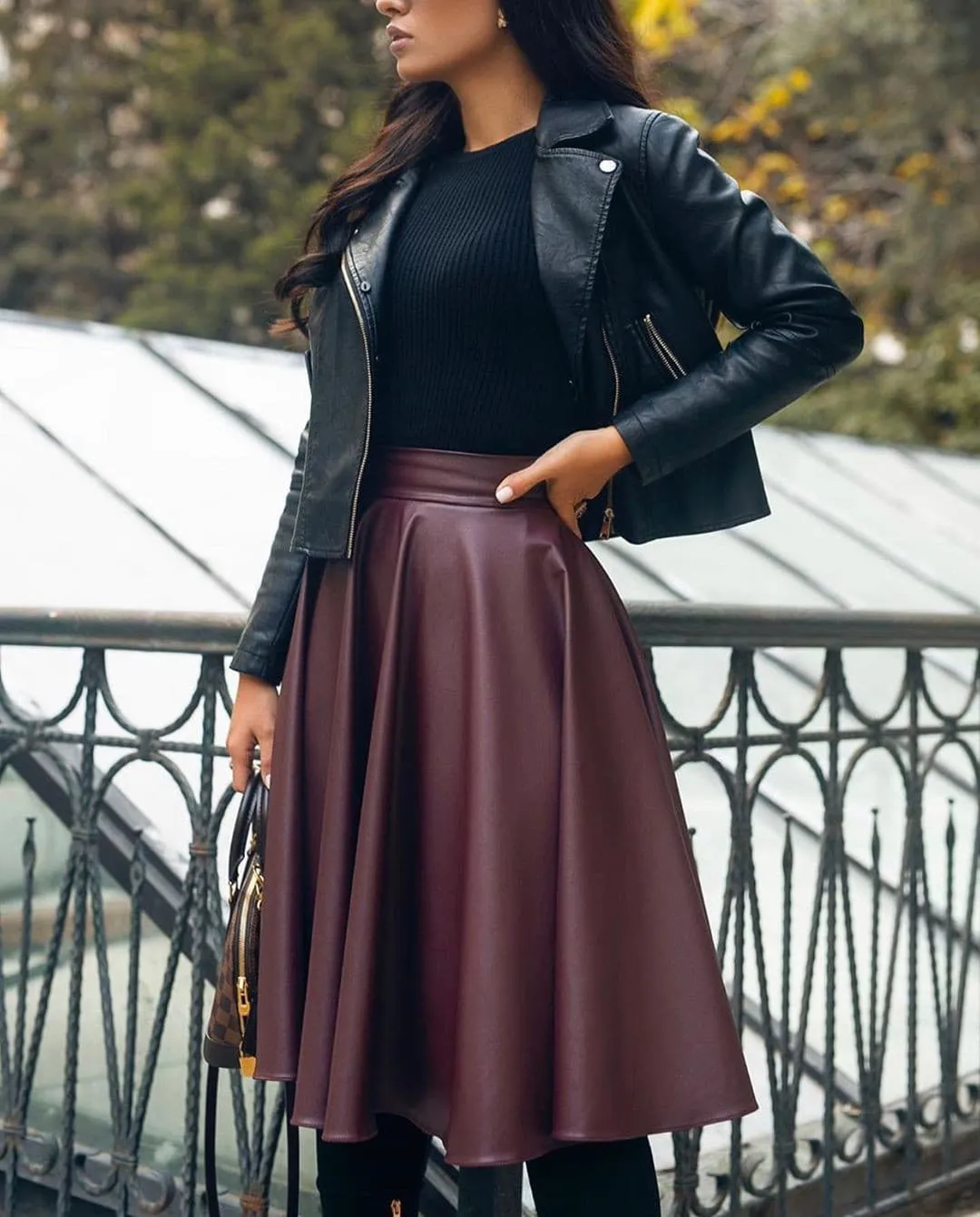 Pleated Leather Midi Skirt