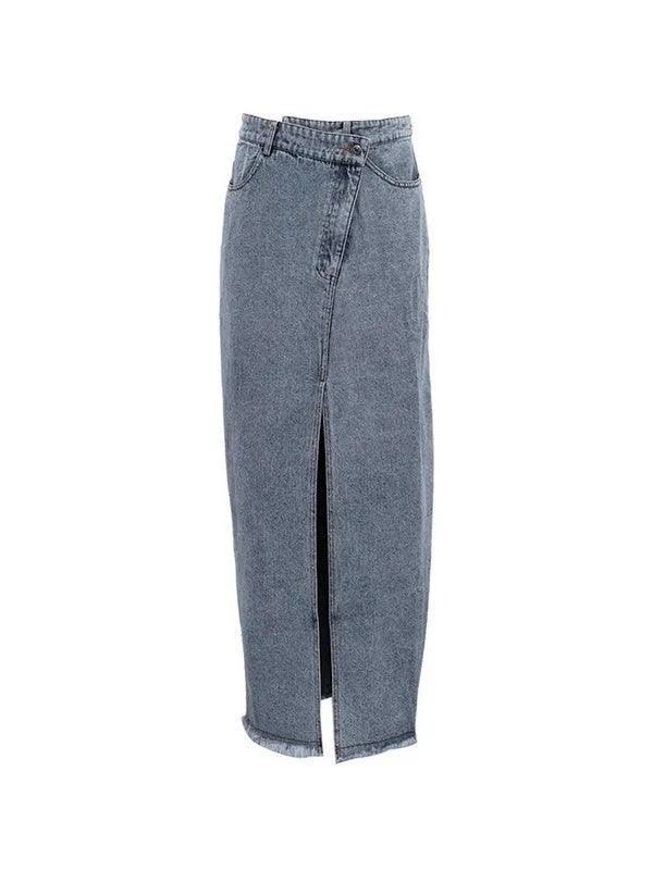 Retro High Waist Slit Denim Skirt