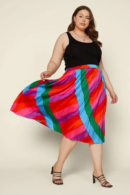 Stripe Pleated Midi Skirt (plus)