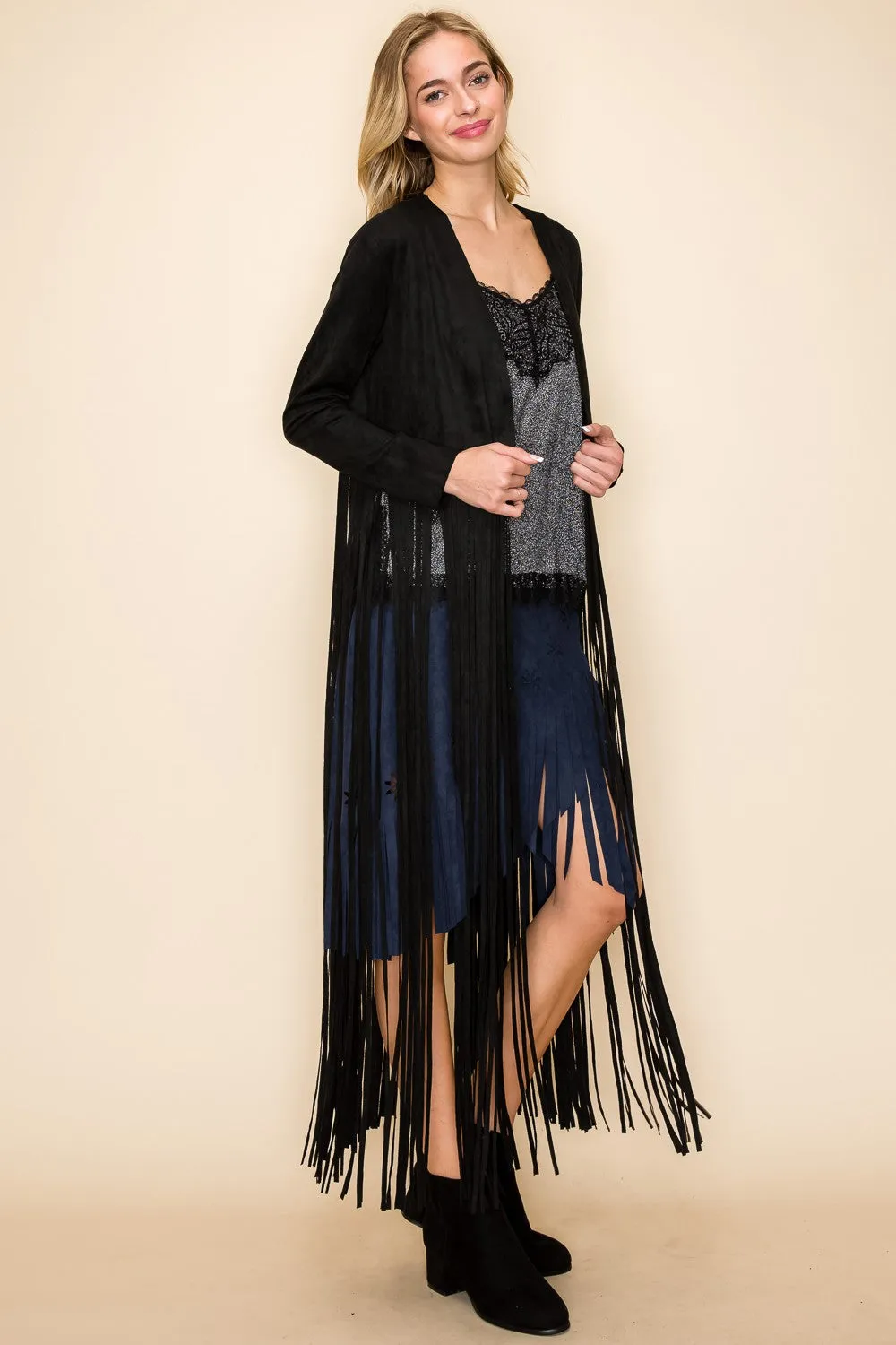 Vegan Suede Jacket With Longe Fringe - Black