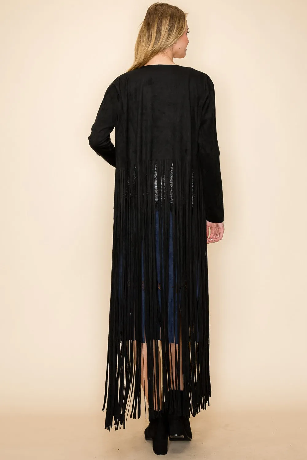 Vegan Suede Jacket With Longe Fringe - Black