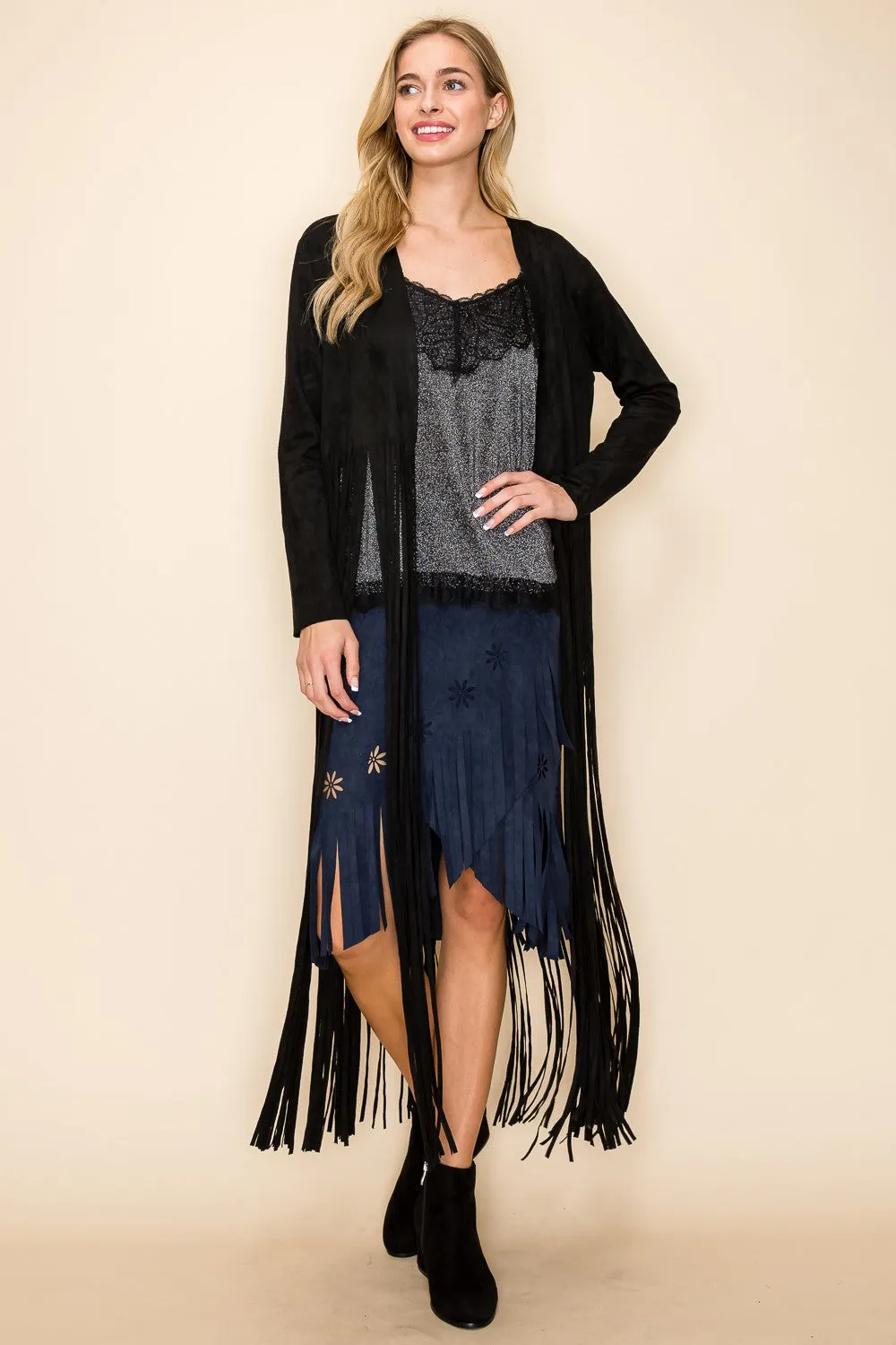 Vegan Suede Jacket With Longe Fringe - Black