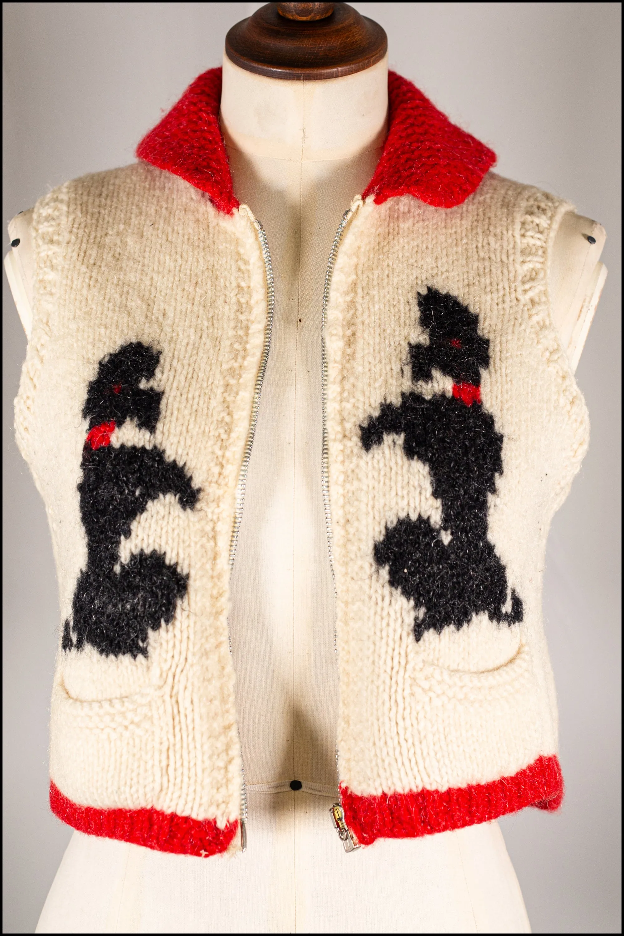 Vintage 1950s Hand Knitted Cream Poodle Waistcoat Cardigan