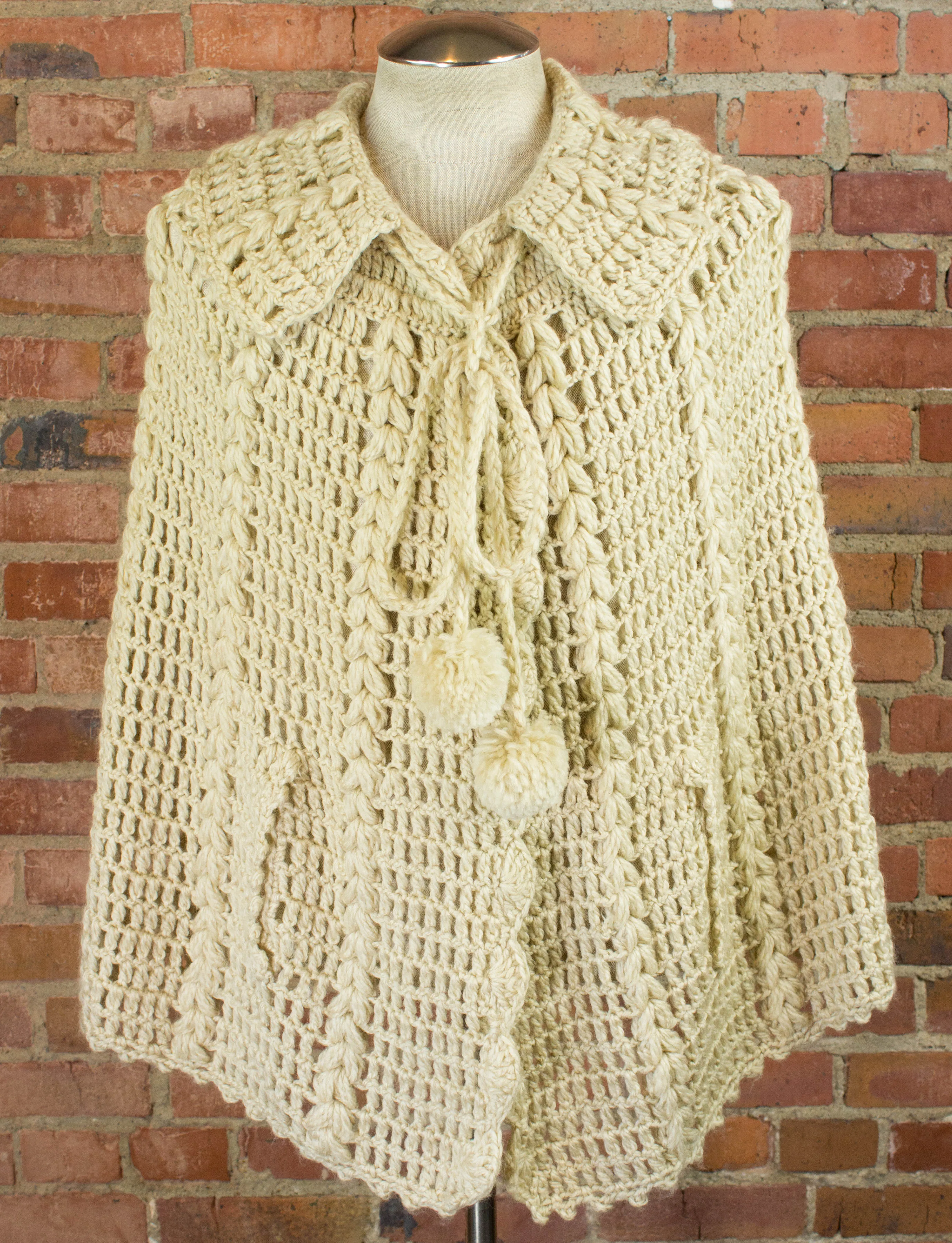 Vintage 70s Crocheted Cream Knit Shawl Poncho With Pom Poms Free Size