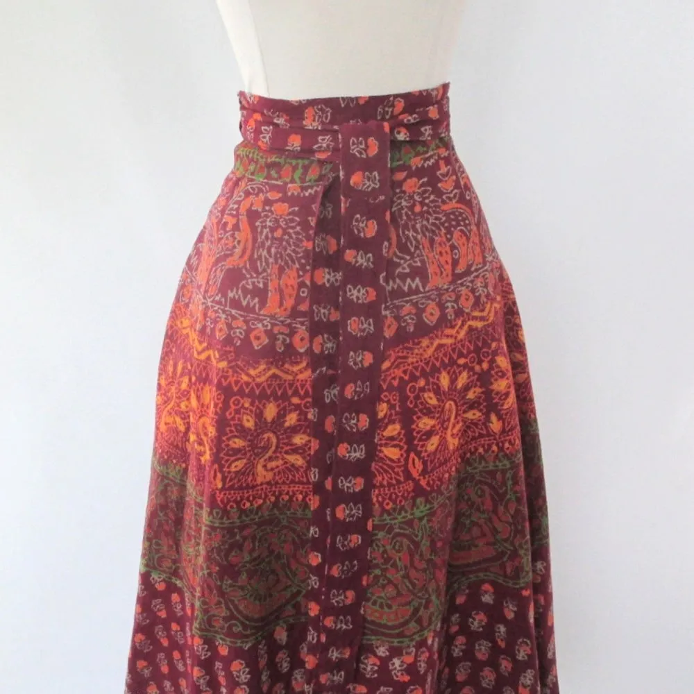Vintage 70s Mahudi Block Print Cotton Wrap Skirt India M