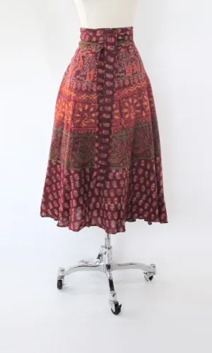 Vintage 70s Mahudi Block Print Cotton Wrap Skirt India M