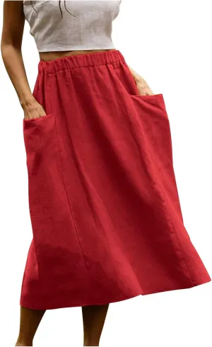 Women's Cotton Linen Casual Midi Skirt High Elastic Waisted Long Skirts Fall Winter Solid Color Skirt with Pockets