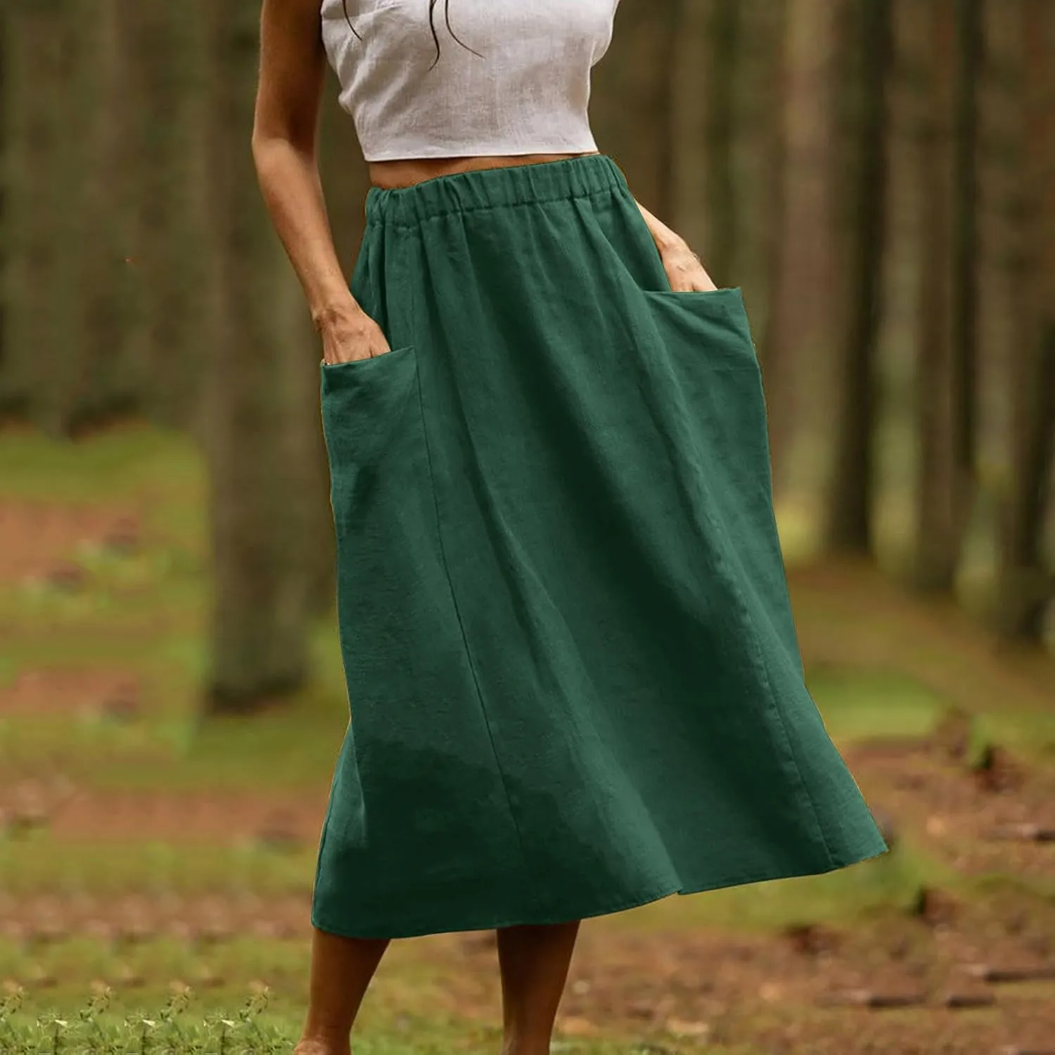 Women's Cotton Linen Casual Midi Skirt High Elastic Waisted Long Skirts Fall Winter Solid Color Skirt with Pockets