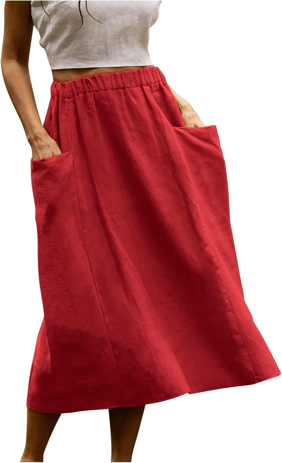 Women's Cotton Linen Casual Midi Skirt High Elastic Waisted Long Skirts Fall Winter Solid Color Skirt with Pockets