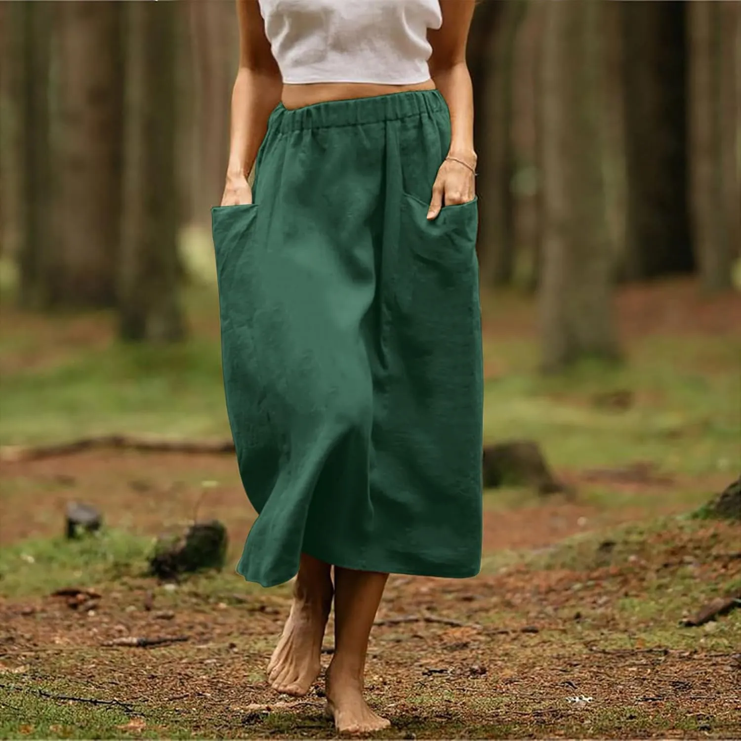 Women's Cotton Linen Casual Midi Skirt High Elastic Waisted Long Skirts Fall Winter Solid Color Skirt with Pockets