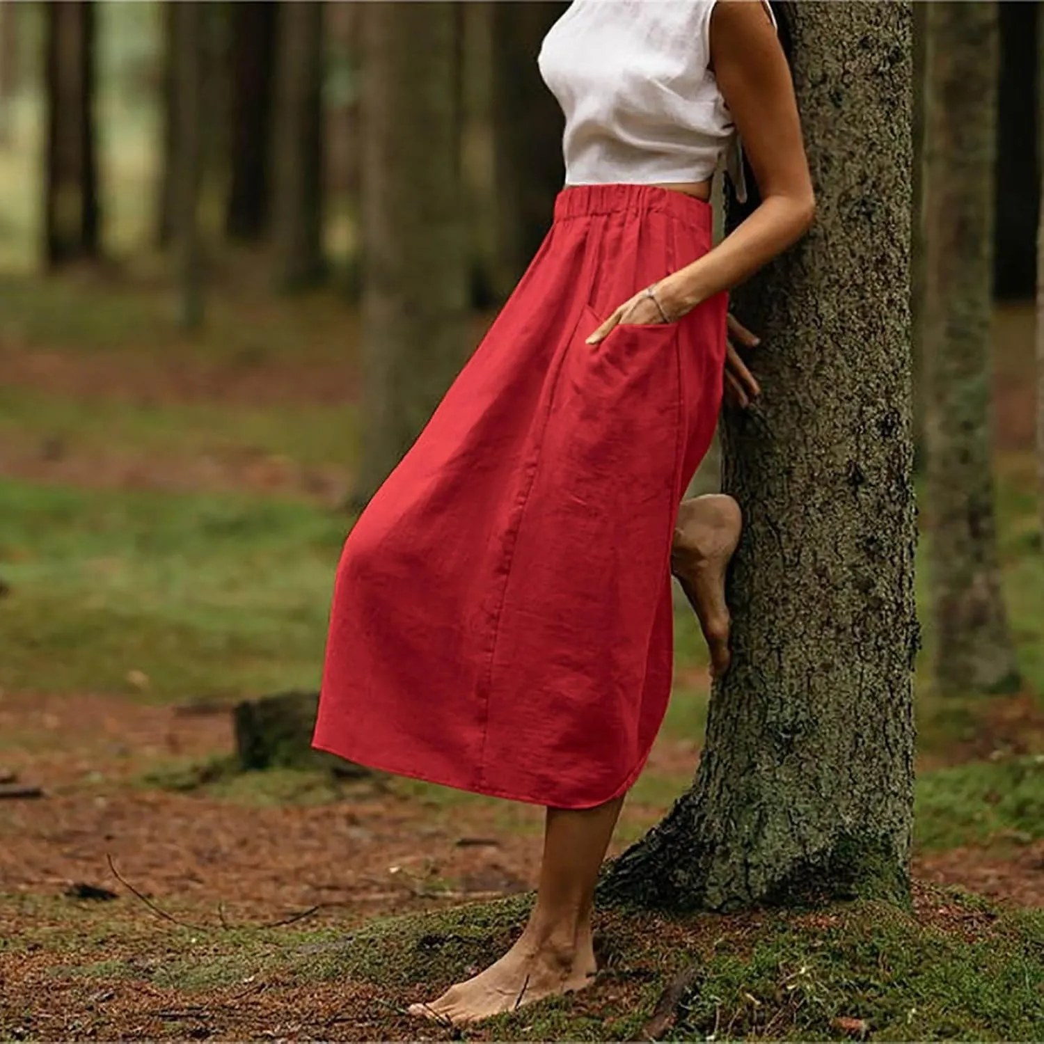 Women's Cotton Linen Casual Midi Skirt High Elastic Waisted Long Skirts Fall Winter Solid Color Skirt with Pockets