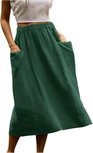 Women's Cotton Linen Casual Midi Skirt High Elastic Waisted Long Skirts Fall Winter Solid Color Skirt with Pockets