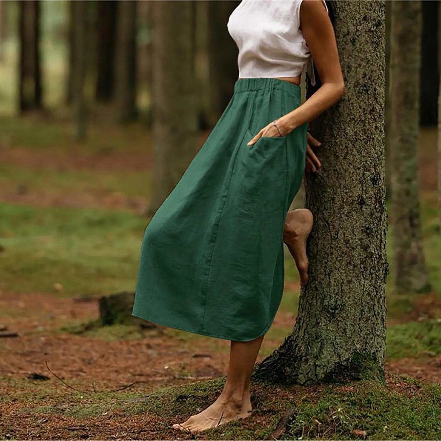 Women's Cotton Linen Casual Midi Skirt High Elastic Waisted Long Skirts Fall Winter Solid Color Skirt with Pockets