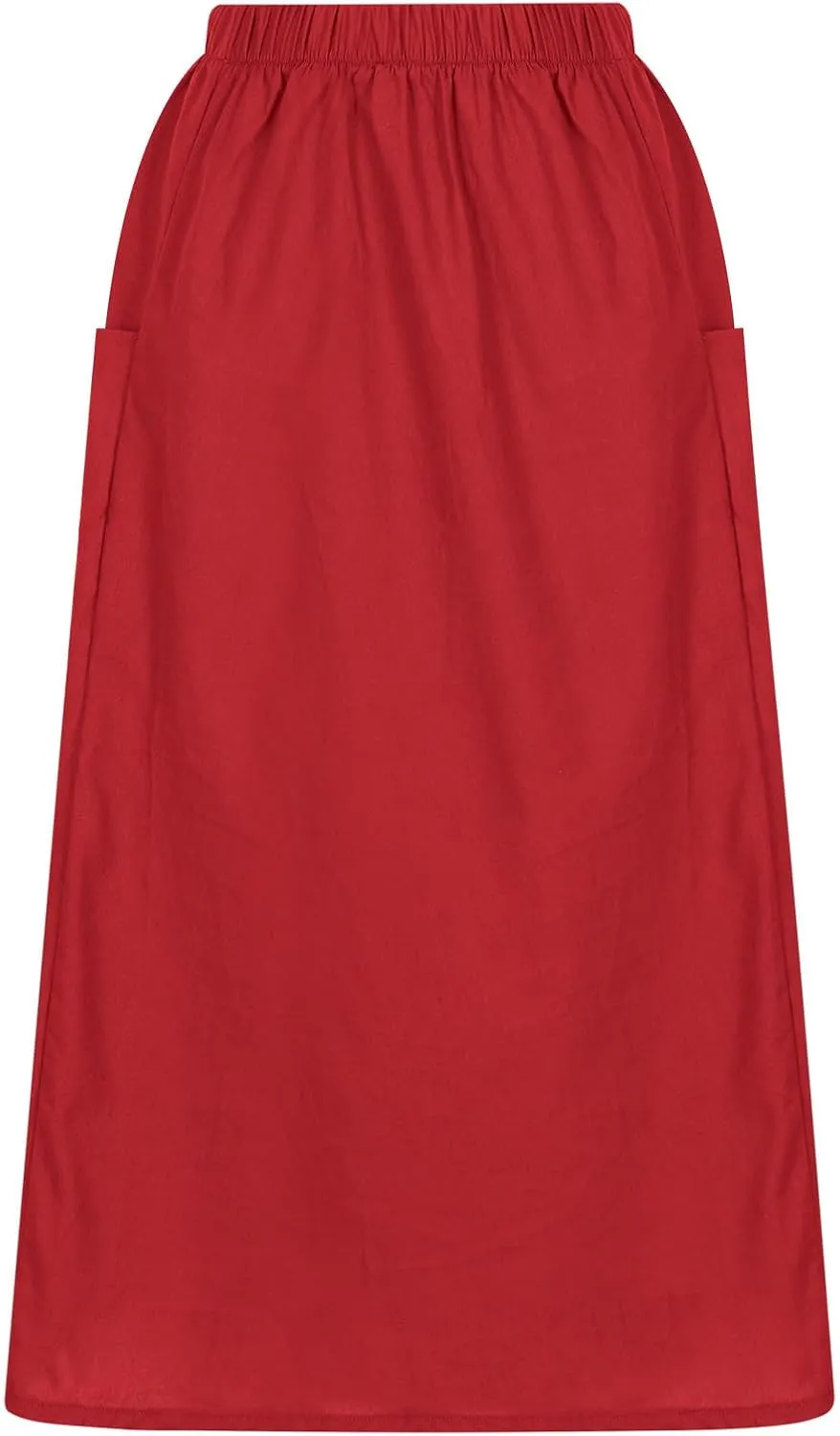 Women's Cotton Linen Casual Midi Skirt High Elastic Waisted Long Skirts Fall Winter Solid Color Skirt with Pockets
