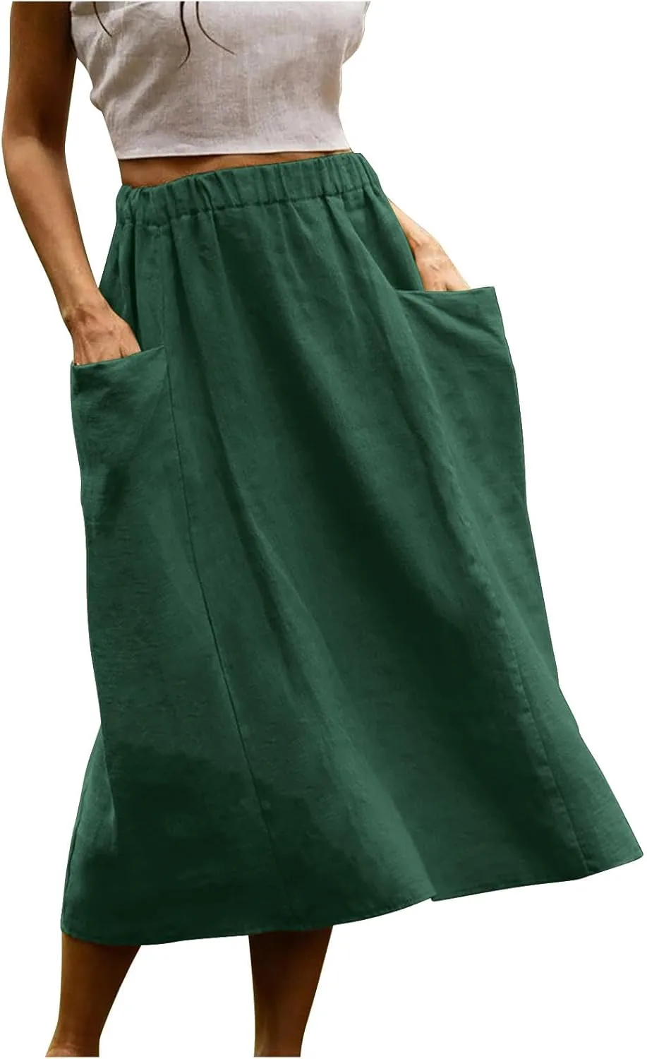 Women's Cotton Linen Casual Midi Skirt High Elastic Waisted Long Skirts Fall Winter Solid Color Skirt with Pockets