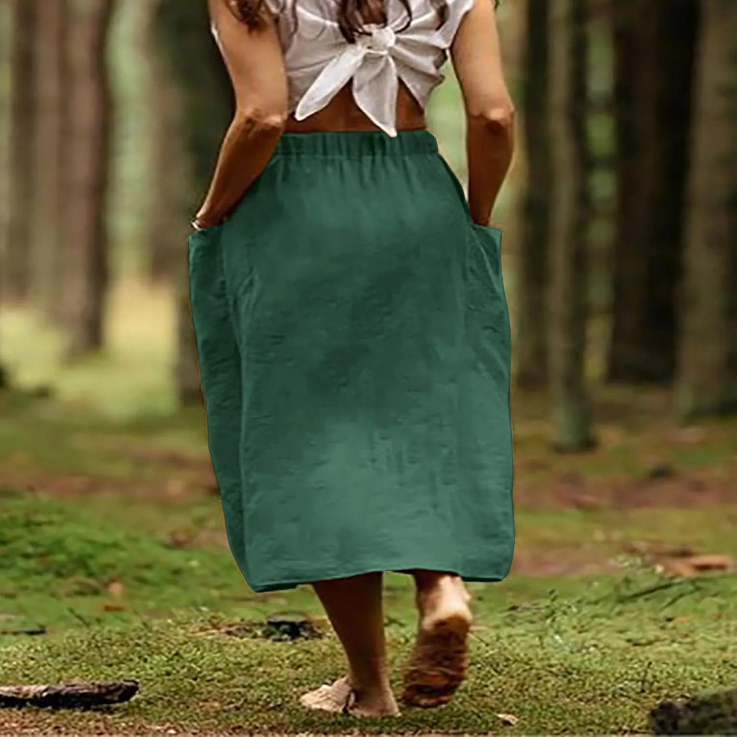 Women's Cotton Linen Casual Midi Skirt High Elastic Waisted Long Skirts Fall Winter Solid Color Skirt with Pockets