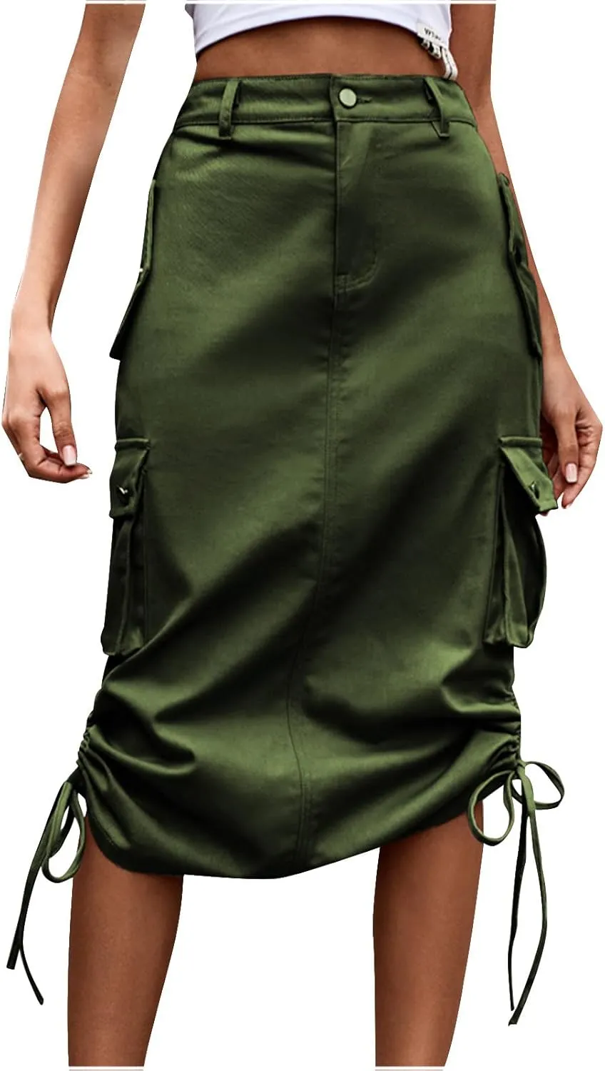 Womens Loose Fit Denim Skort for Women Midi Knee High Pleated Western High Cut Tie Knot Smocked Plain 2024 Y2K