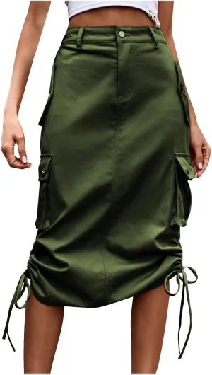 Womens Loose Fit Denim Skort for Women Midi Knee High Pleated Western High Cut Tie Knot Smocked Plain 2024 Y2K