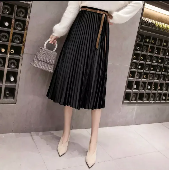 Womens Pleated Velveteen Midi Skirt