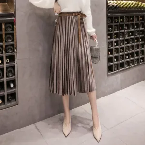 Womens Pleated Velveteen Midi Skirt