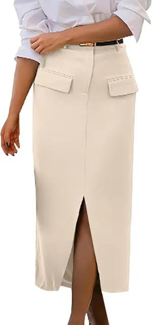 Women's Summer High Waist Split Warp A Line Dressy Long Skirts Trendy Business Work Pencil Midi Skirt with Pockets