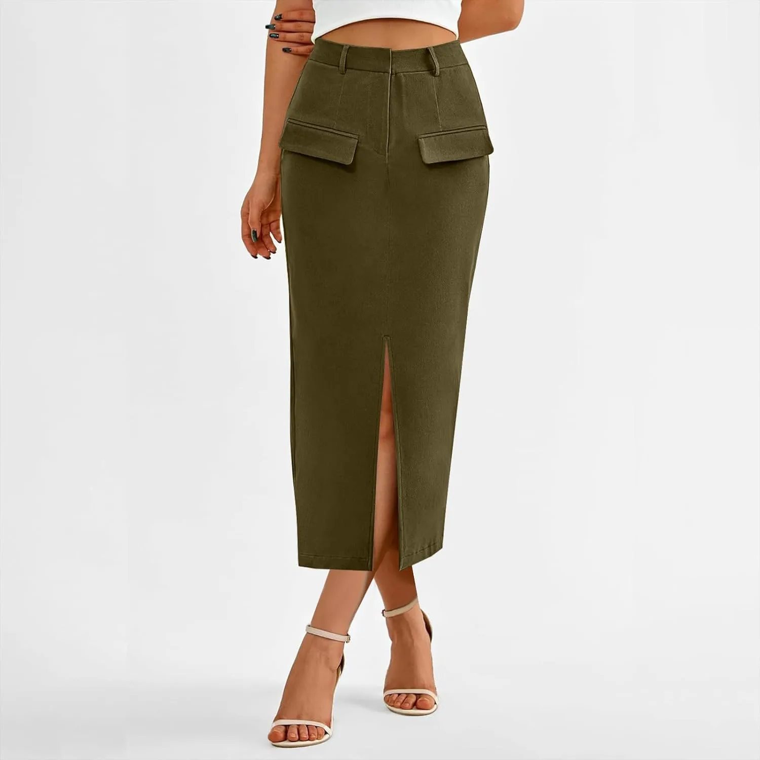 Women's Summer High Waist Split Warp A Line Dressy Long Skirts Trendy Business Work Pencil Midi Skirt with Pockets