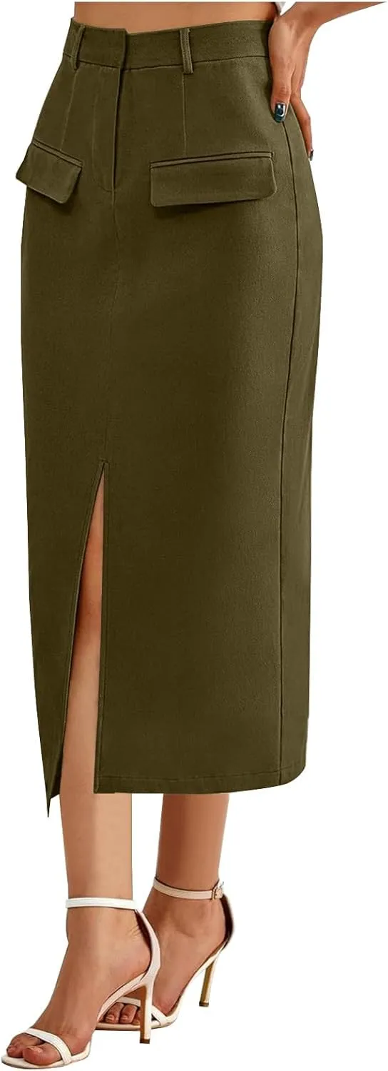 Women's Summer High Waist Split Warp A Line Dressy Long Skirts Trendy Business Work Pencil Midi Skirt with Pockets