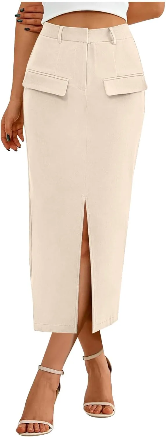 Women's Summer High Waist Split Warp A Line Dressy Long Skirts Trendy Business Work Pencil Midi Skirt with Pockets