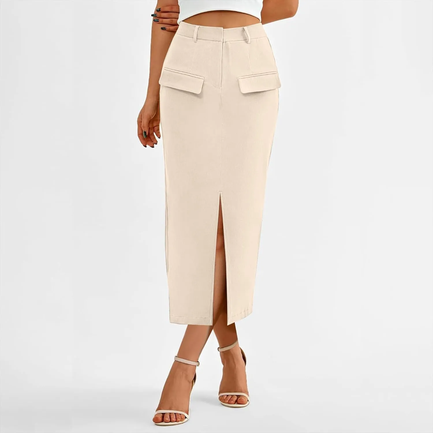 Women's Summer High Waist Split Warp A Line Dressy Long Skirts Trendy Business Work Pencil Midi Skirt with Pockets