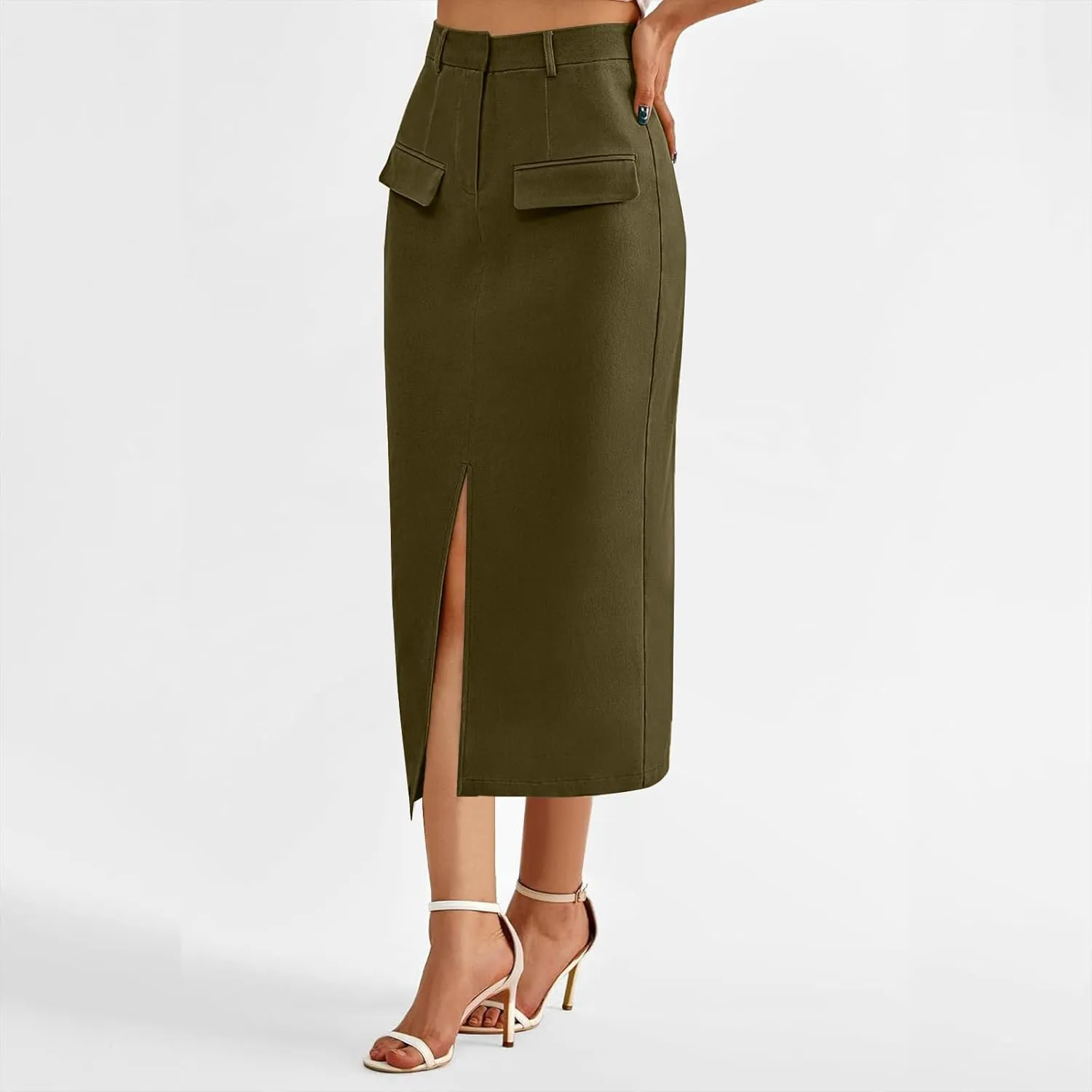 Women's Summer High Waist Split Warp A Line Dressy Long Skirts Trendy Business Work Pencil Midi Skirt with Pockets