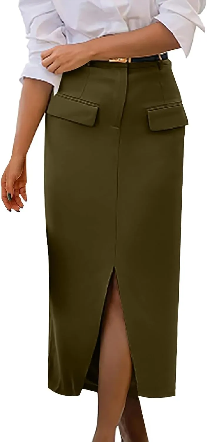 Women's Summer High Waist Split Warp A Line Dressy Long Skirts Trendy Business Work Pencil Midi Skirt with Pockets