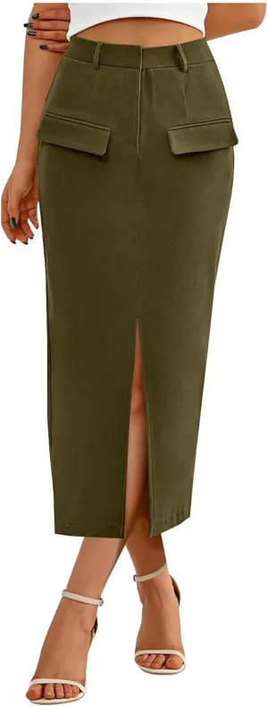 Women's Summer High Waist Split Warp A Line Dressy Long Skirts Trendy Business Work Pencil Midi Skirt with Pockets